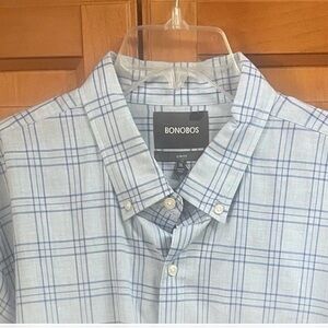 Bonobos Shirt Men’s XL Slim Fit Long Sleeve Button Up Cotton Pale Blue Plaid
